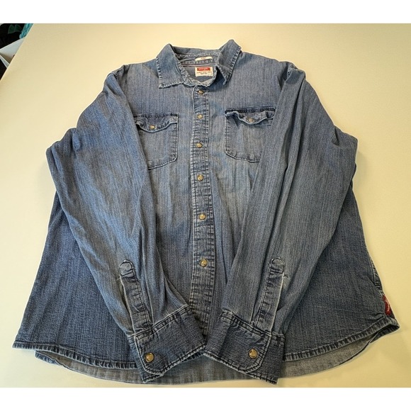 Wrangler Men's Cowboy Cut Denim Long Sleeve Pearl Snap‎ Work Chore Shirt Sz XXL - Picture 1 of 12